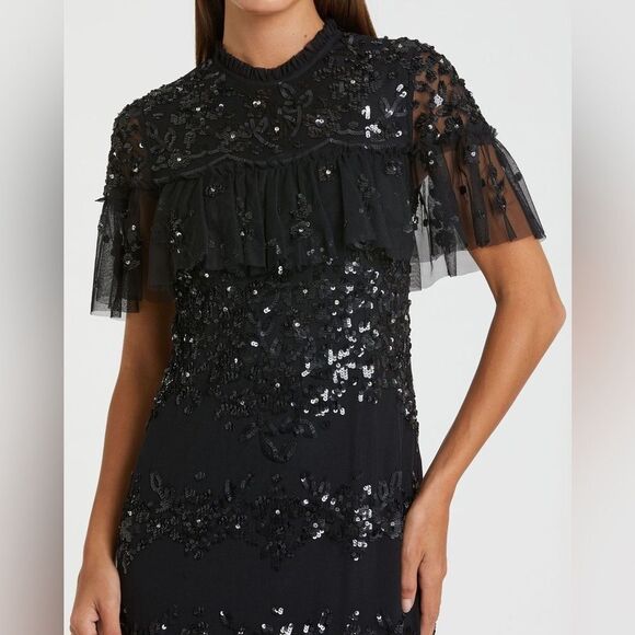 NWT MAC DUGGAL Black Sequined High Neck Ruffled Flutter Sleeve Midi Dress sz 12 - Picture 2 of 13